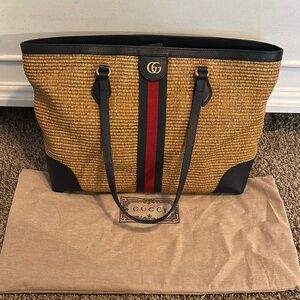 Gucci Natural Straw Ophidia Tote Bag Medium